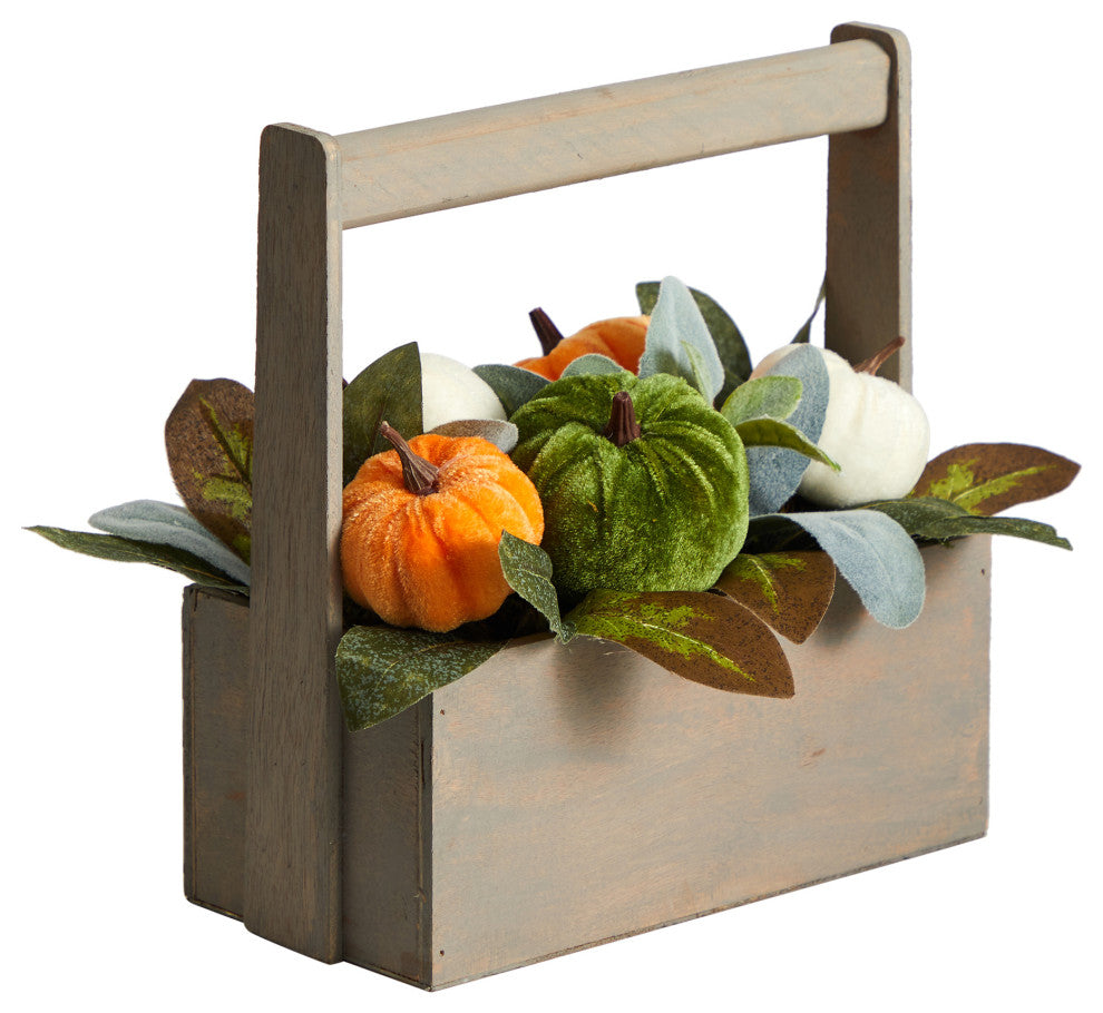 10" Fall Pumpkin Artificial Autumn Arrangement, Wood Basket