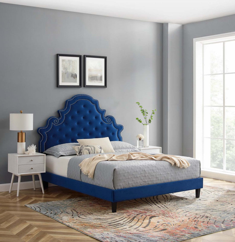 Tufted Platform Bed Frame, Twin Size, Velvet, Blue Navy, Modern Contemporary