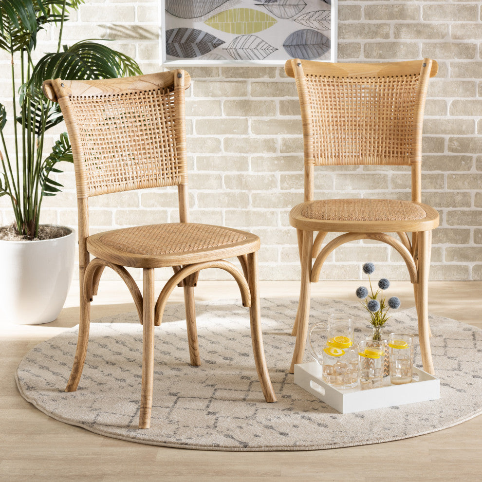 Miyoko Mid-Century 2-Piece Dining Chairs, Natural Brown