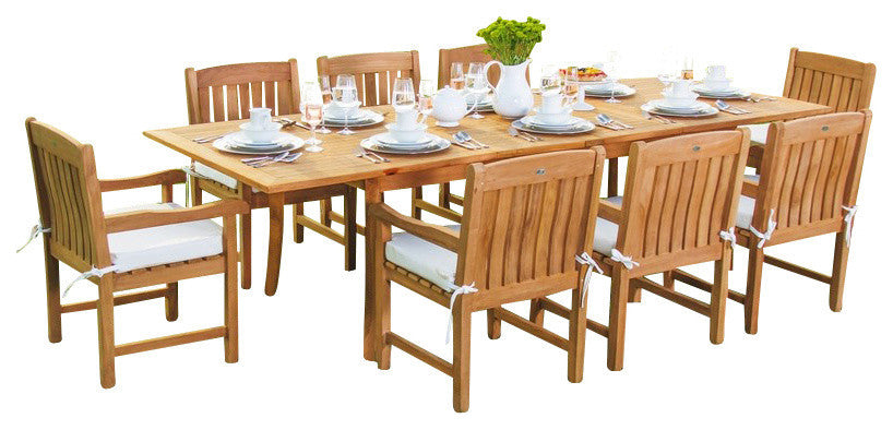 9-Piece Outdoor Teak Dining Set, 94" Extension Table, 8 Devon Arm Chairs