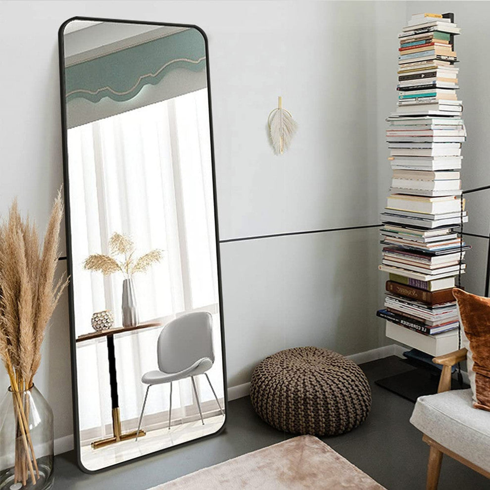 65 inch Rectangular Framed Rust-Proof Floor Bedroom Mirror, Black, 22'' X 65''