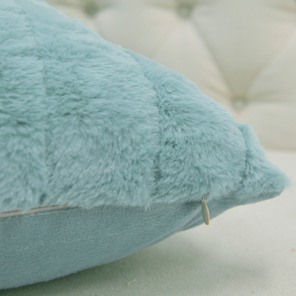 Rabbit Faux Fur Throw Blanket With 2 Pillows, Pastel Turquoise