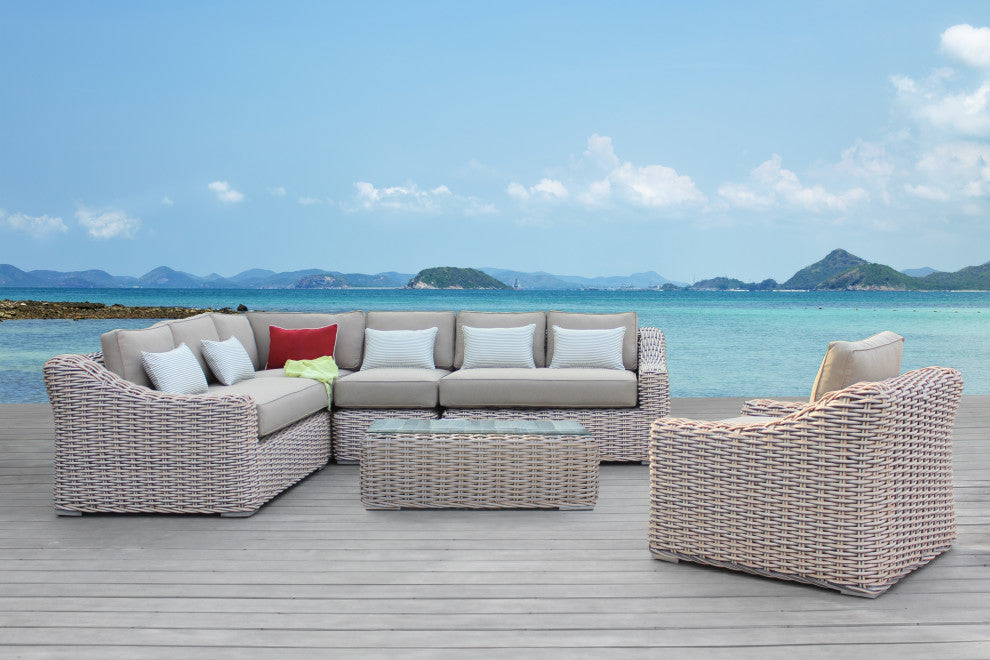 Alejandra 6-Piece Outdoor Wicker Furniture Set With Coffee Table, White and Gray