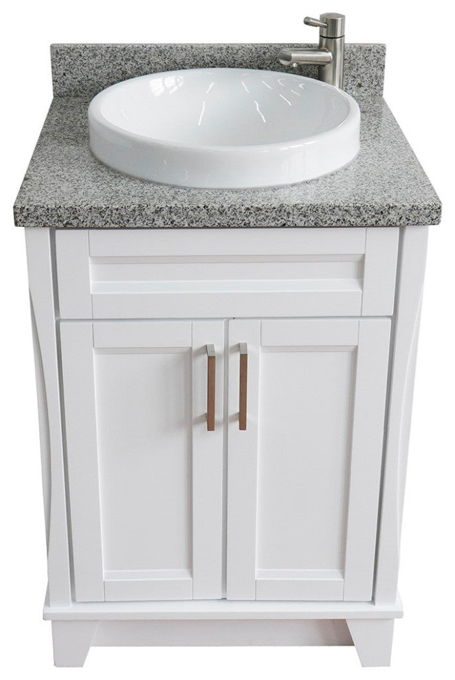 25" Single Sink Vanity, White Finish With Gray Granite And Round Sink