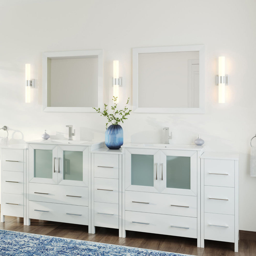 The Pullman Bathroom Vanity, White, 96", Double Sink, Freestanding