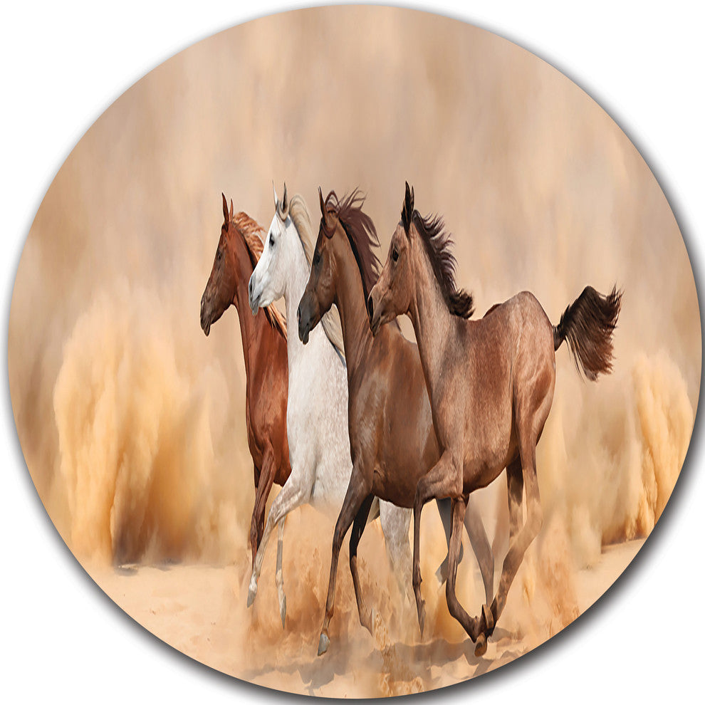 Herd Gallops In Sand Storm, Landscape Photo Round Metal Wall Art, 11"