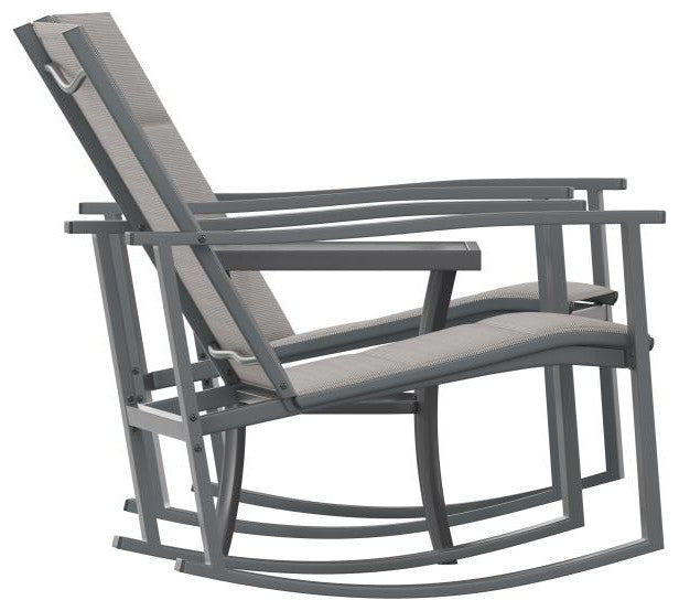 Brazos 3 Piece Outdoor Rocking Chair & Glass Top Table Set, Gray/Black