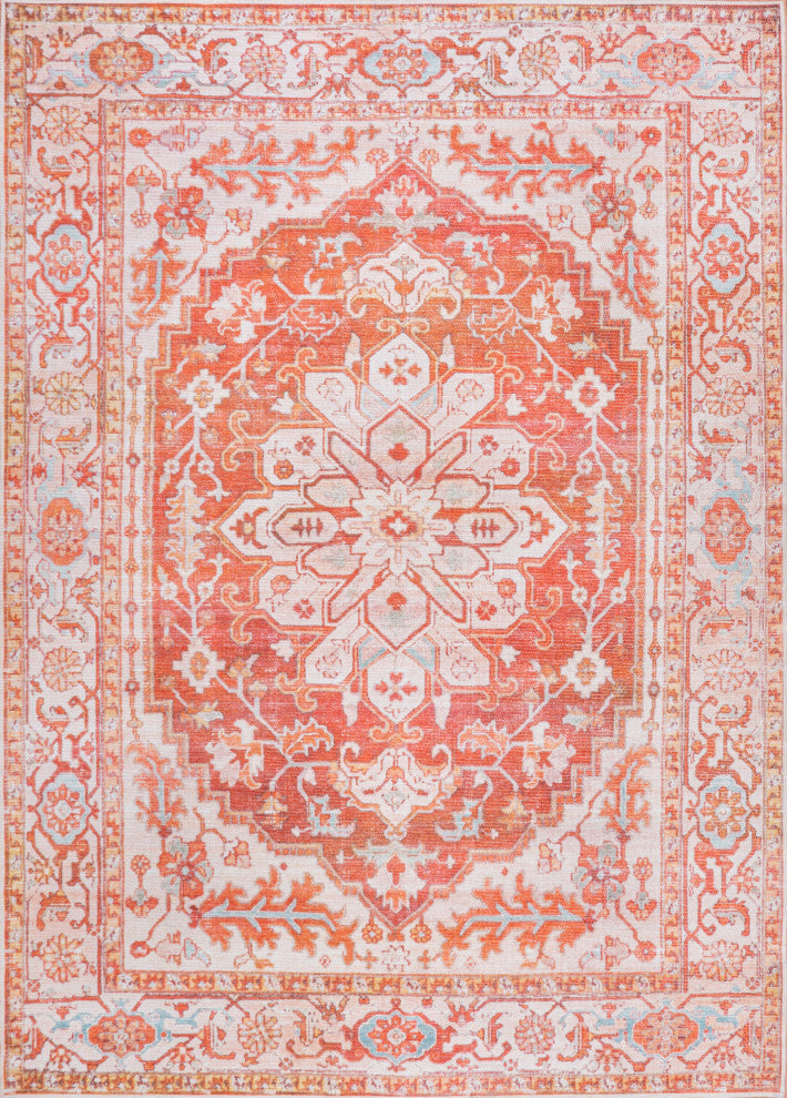 Asa Ornate Medallion Machine Washable Indoor Area Rug, Orange/Cream, 3 X 5