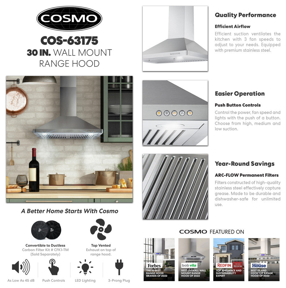 Cosmo Wall-Mount Range Hood, 30"