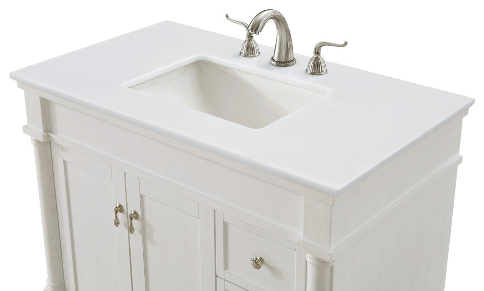 36" Single Bathroom Vanity, Antique White With Ivory White Engineered Marble