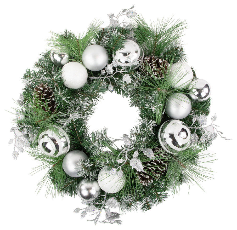 Green Pine Needle Wreath with Pinecones and Christmas Ornaments  24-Inch  Unlit