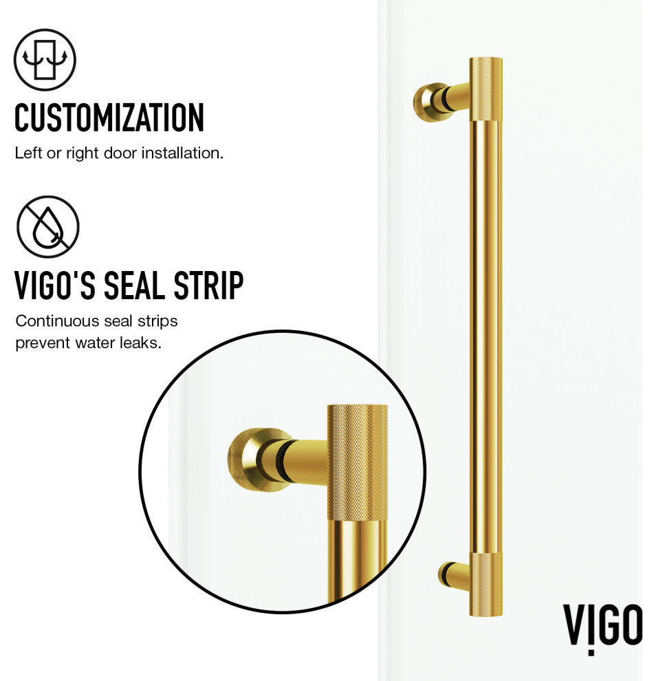 VIGO Elan Cass Aerodynamic 56" to 60" W x 66" H Frameless Sliding Tub Door, Matte Brushed Gold, Clear Glass