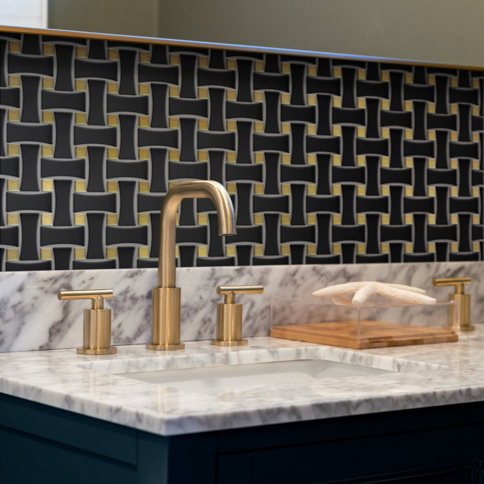 Metro Dog Bone Basketweave Matte Black w/Glass Gold Dot Porcelain Wall Tile