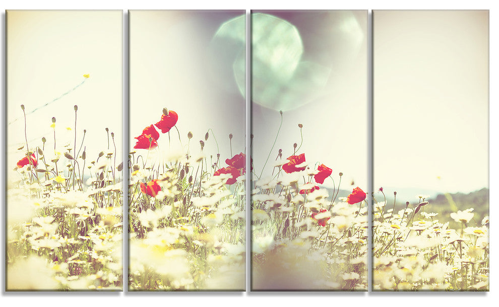 Red and White Poppy Flowers Field, Large Flower Canvas Print, 48"x28", 4 Panels