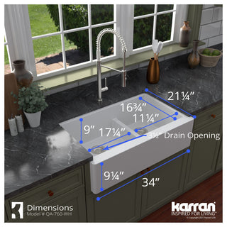 Karran Farmhouse Quartz 34" Double Offset Bowl Sink Kit, White