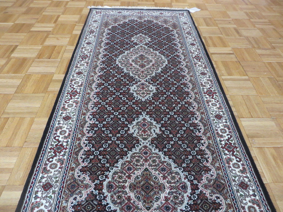 2'9x10 Handmade Fine Black Mahi Tabriz Persian Rug Wool & Silk