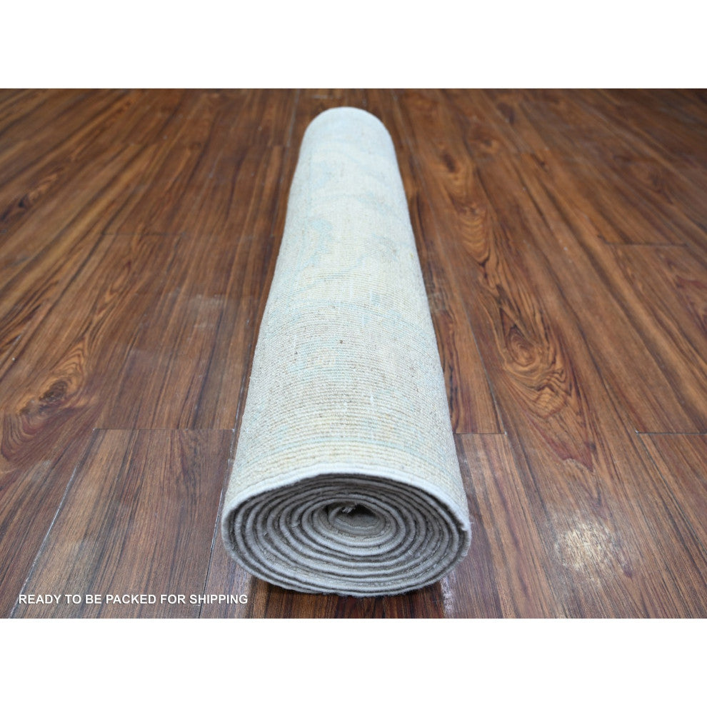 Daisy White Washed Out Peshawar Wool Hand Knotted Runner Rug  2'8"x10'8"