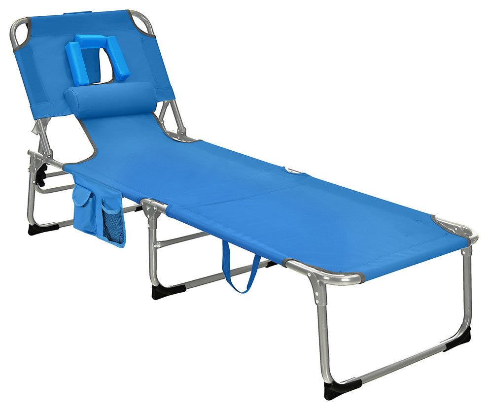 Goplus Outdoor Beach Lounge Chair Folding Chaise Lounge with Pillow Blue