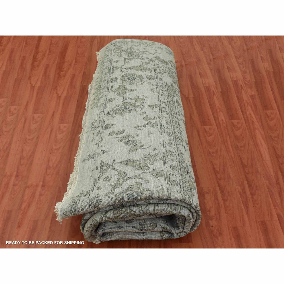 Gray, Wool and Silk Hand Knotted, Persian Erased Heriz Design Rug, 9'10"x14'3"