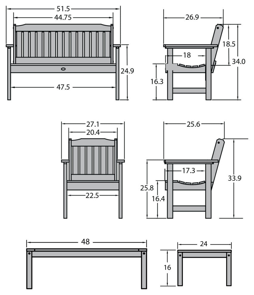 4' Lehigh Bench, Chairs, Conversation Table, 4-Piece Set, Coastal Teak