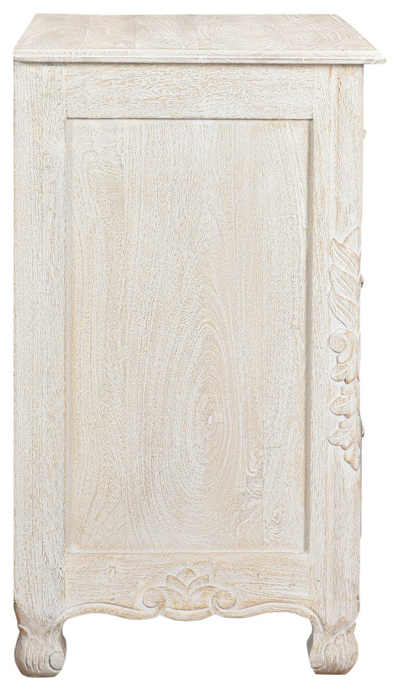Delaney 3 Drawer Carved Nightstand, Distressed Off-White