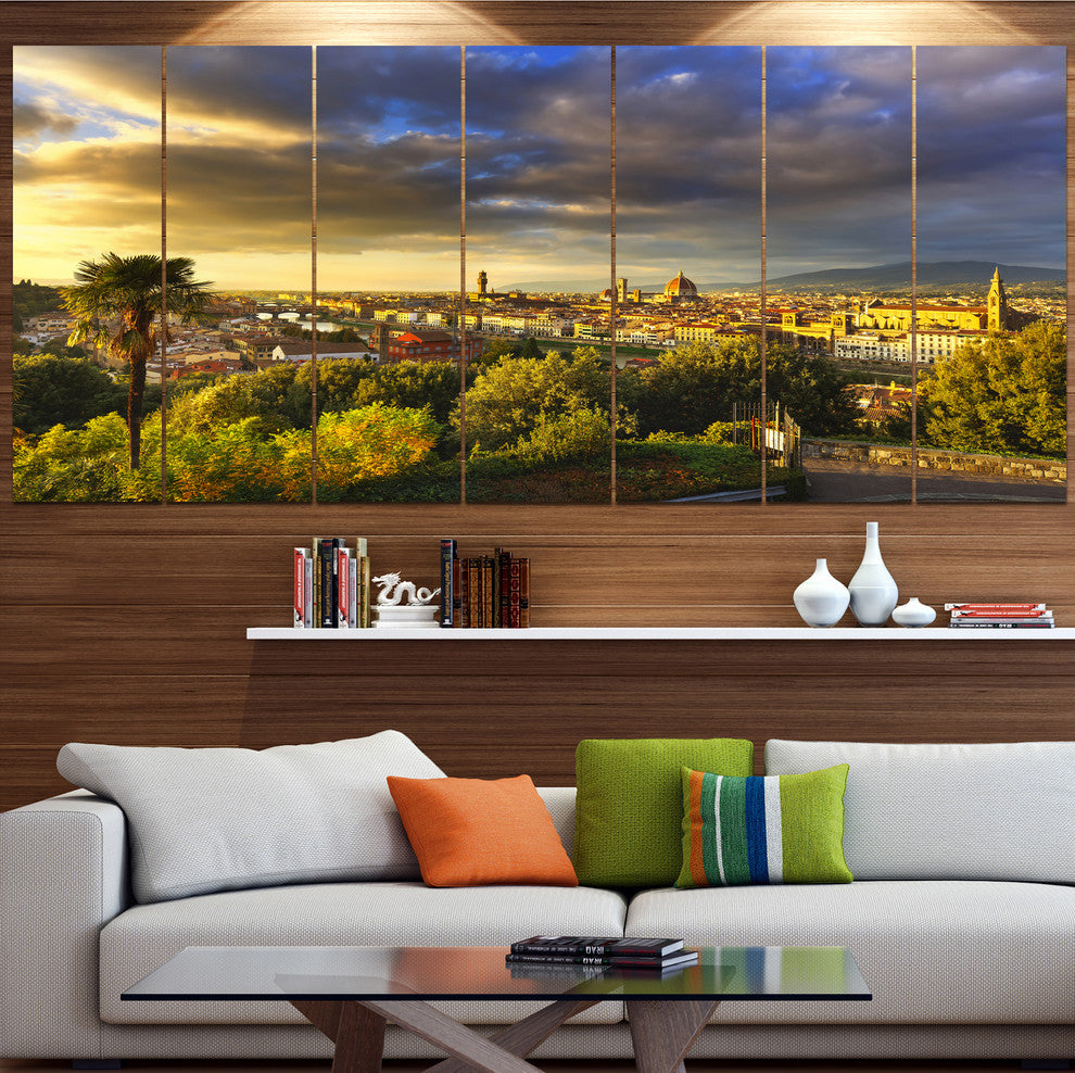 Florence Sunset Aerial View, Landscape Canvas Art Print, 83"x32", 7 Panels