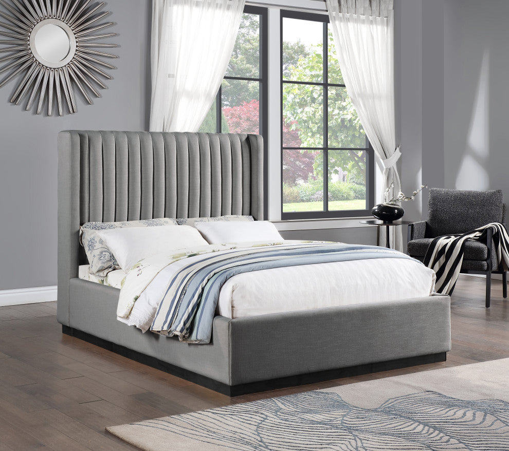 Logan Beige Linen Textured Fabric Twin Bed, Gray, Queen