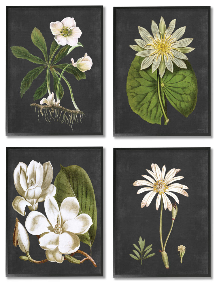 Vintage White Florals over Distressed Grey Lotus Daisies,4pc, each 16 x 20