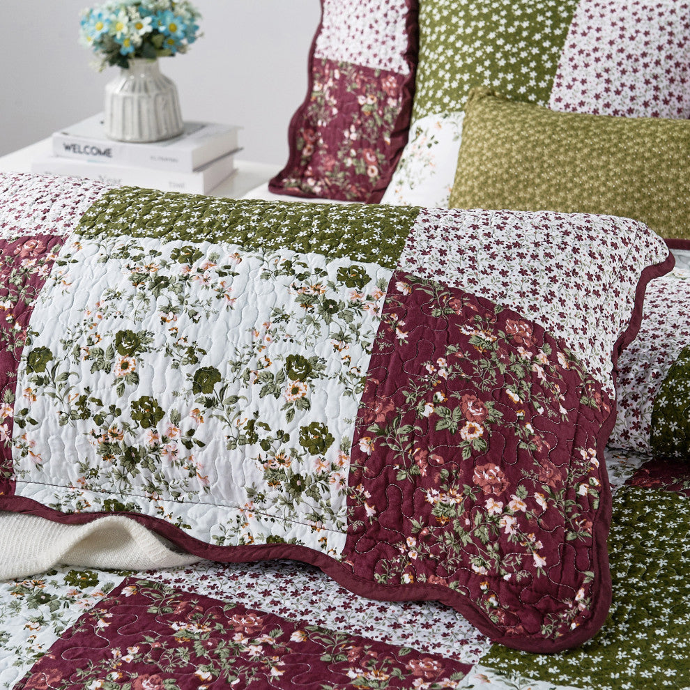 Patchwork Quilted 8-Piece Bed Spread Coverlet Set, Burgundy, Queen