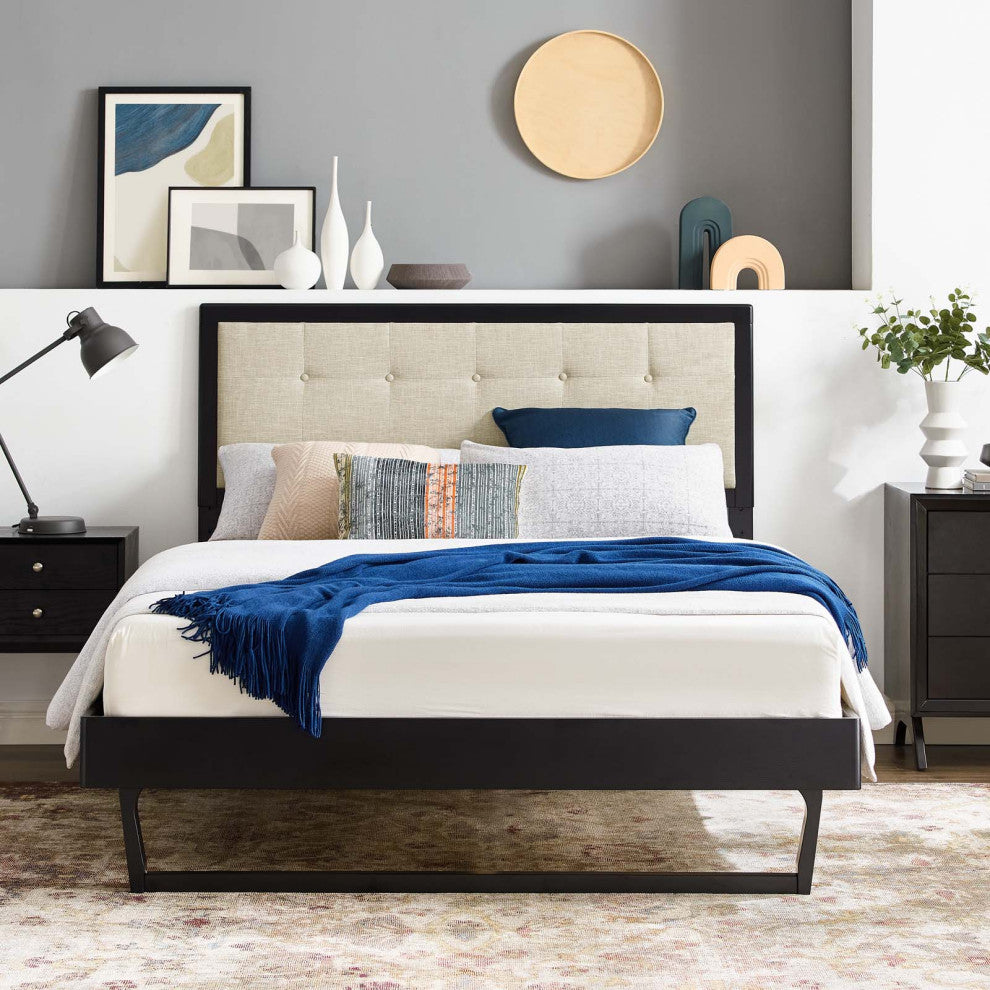 Platform Bed Frame, Queen Size, Fabric, Wood, Black Beige, Modern Mid-Century