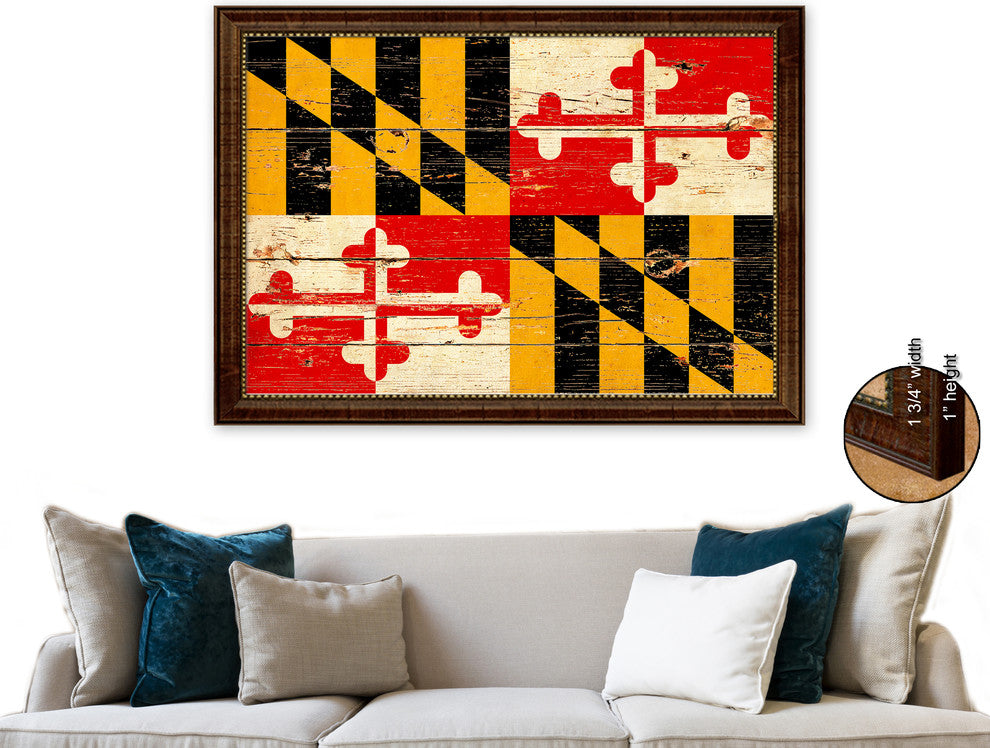Maryland State Vintage Flag Print With Brown Gold Frame, 15"X21"