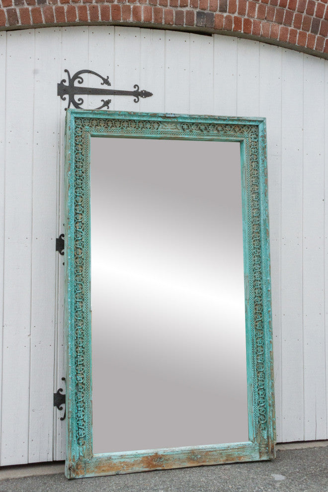 19th Century Indo-French Aqua Carved Floor Mirror