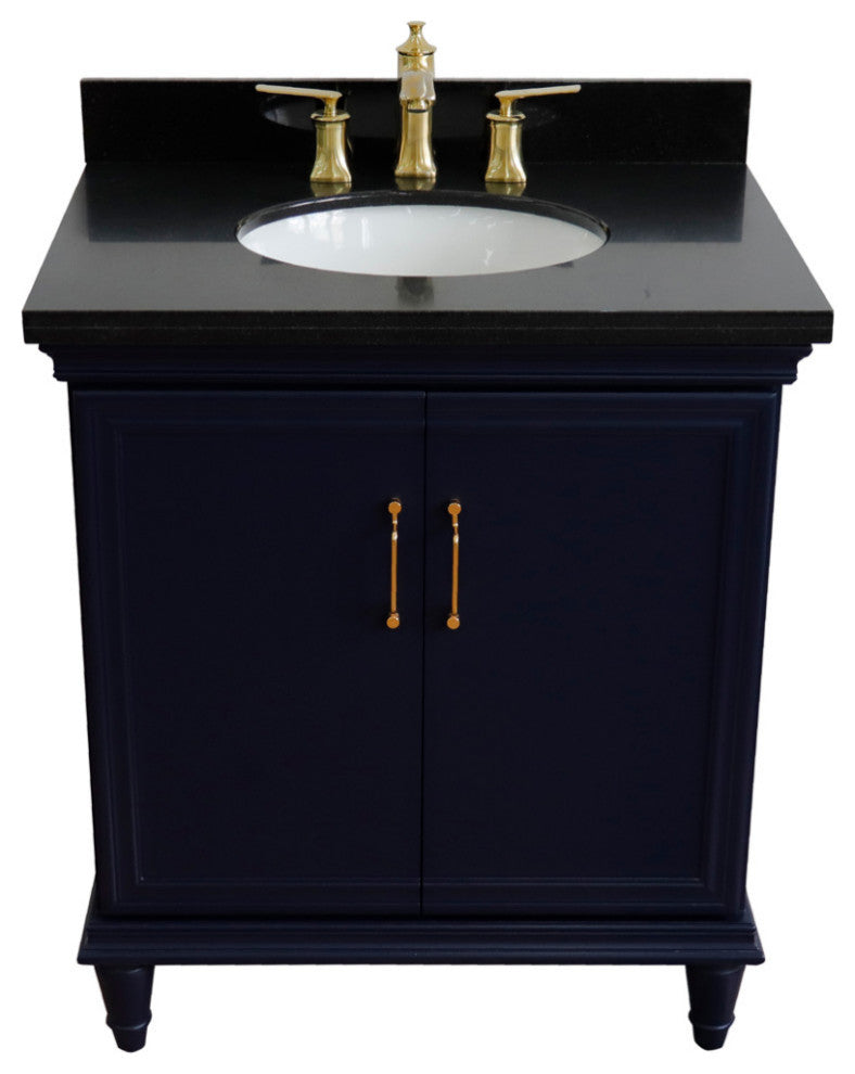 31" Single Vanity, Blue Finish With Black Galaxy And Oval Sink