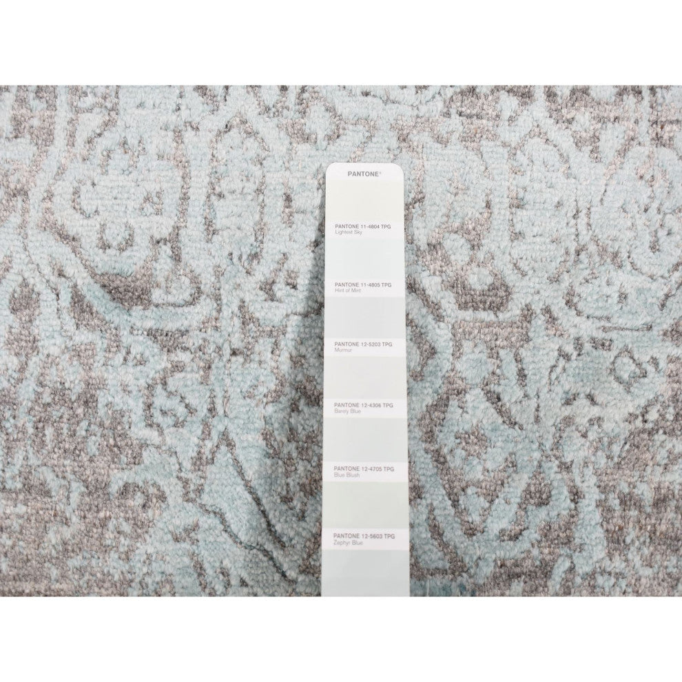 Green Erased Persian Design Hand Knotted Wool and Silk Runner Rug 2'6"x10'