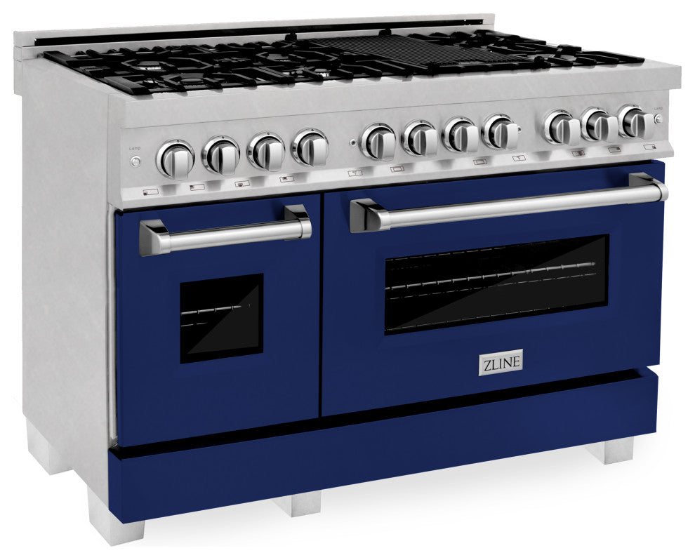ZLINE 48" Dual Fuel Range, DuraSnow With Blue Gloss Door RAS-BG-48