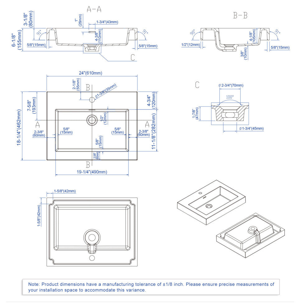 Dowell 18" FTB Resin Bathroom Vanity Basin, White, 24wx18dx6h