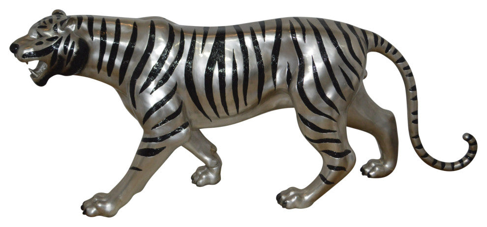 Tiger bronze statue with black and silver finish - Size: 80"L x 15"W x 34"H.
