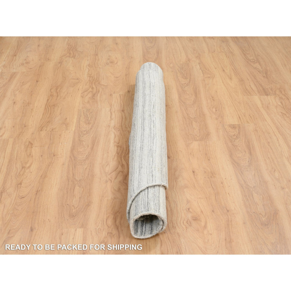 Gray, Hand Loomed, Undyed Natural Wool Modern Design Round Rug, 6'0"x6'0"