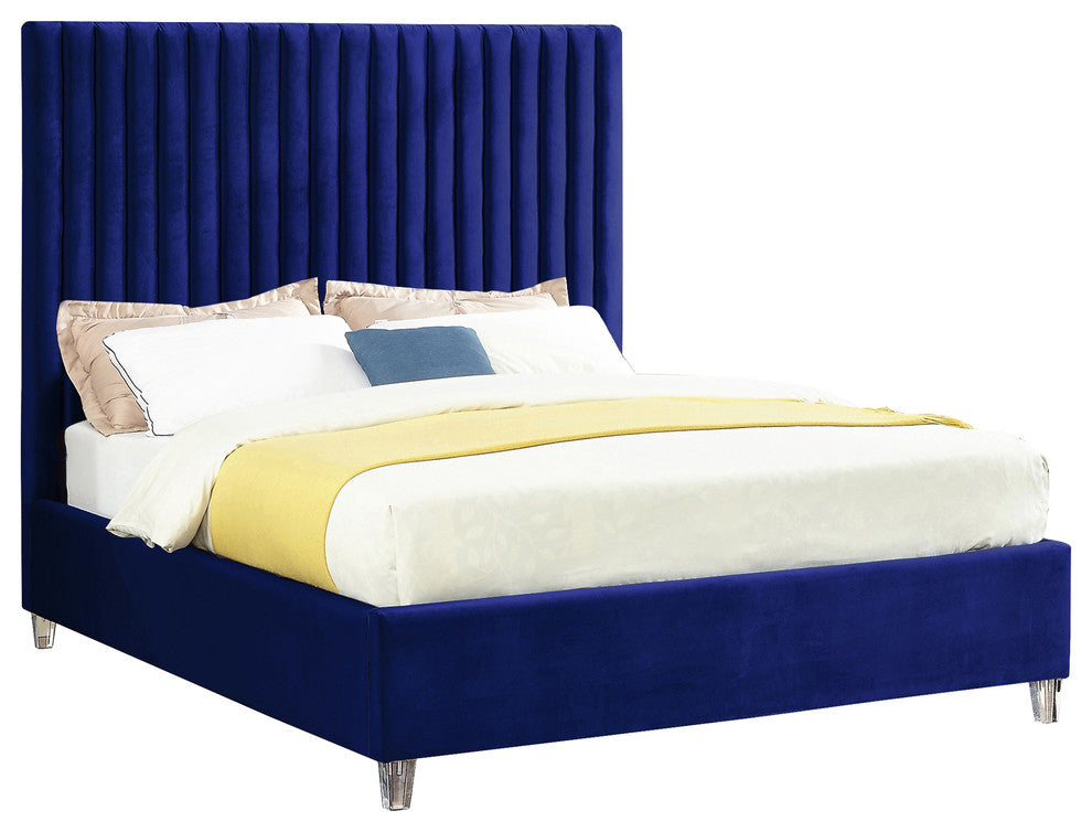 Candace Velvet Upholstered Bed, Navy, Queen