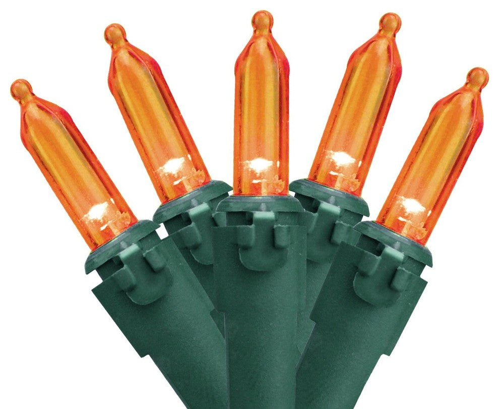 Set of 50 Orange LED Mini Christmas Lights 4" Spacing - Green Wire