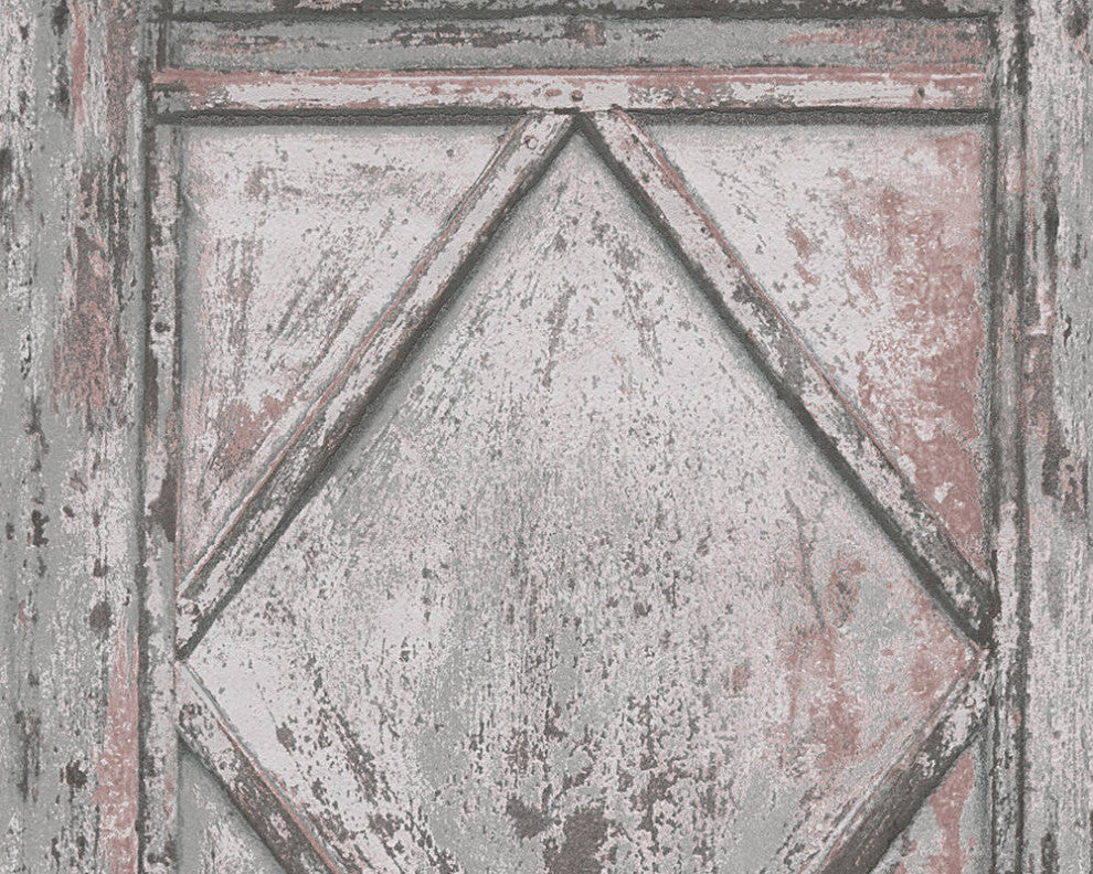 Loft Vintage Textured Wallpaper Featuring Boxes Wood, Gray Brown, Sample