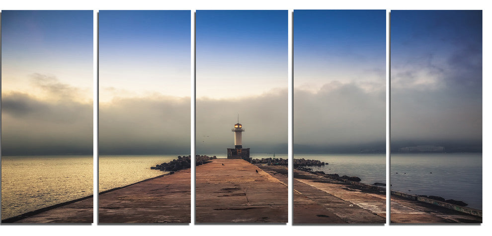 Lighthouse on Coast and Cloudy Sky, Modern Canvas Print, 60"x28", 5 Panels