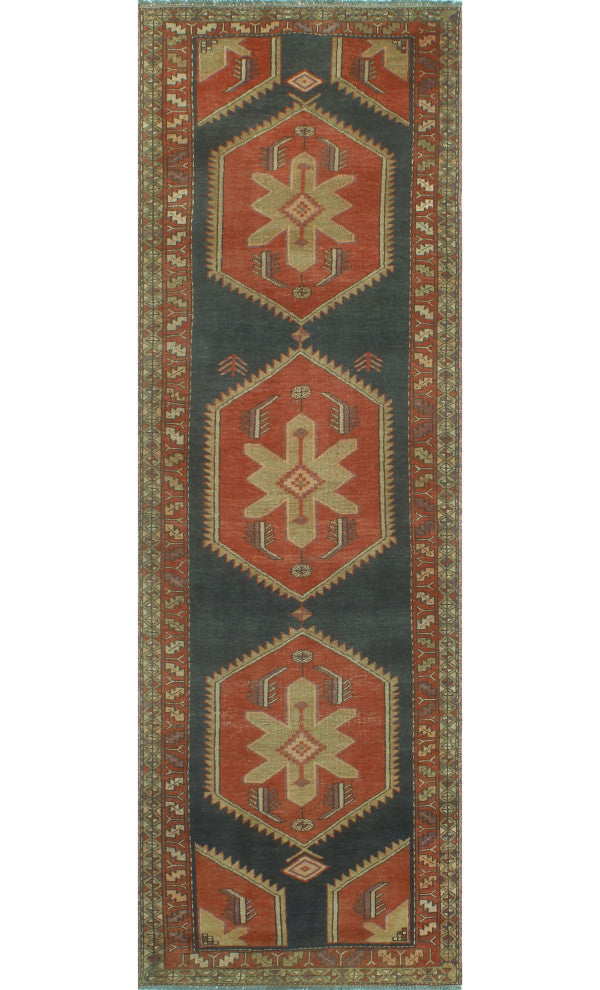 Semi-Antique Ashraf Navy/Rust Runner, 3'2x9'8