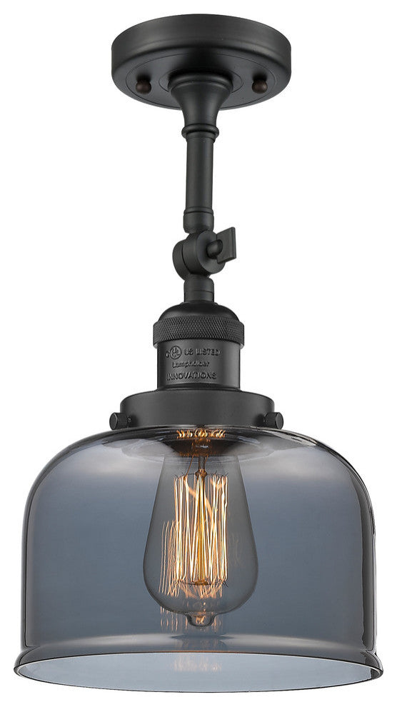 Large Bell 8" Semi-Flush Mount, Matte Black, Glass: Plated Smoked