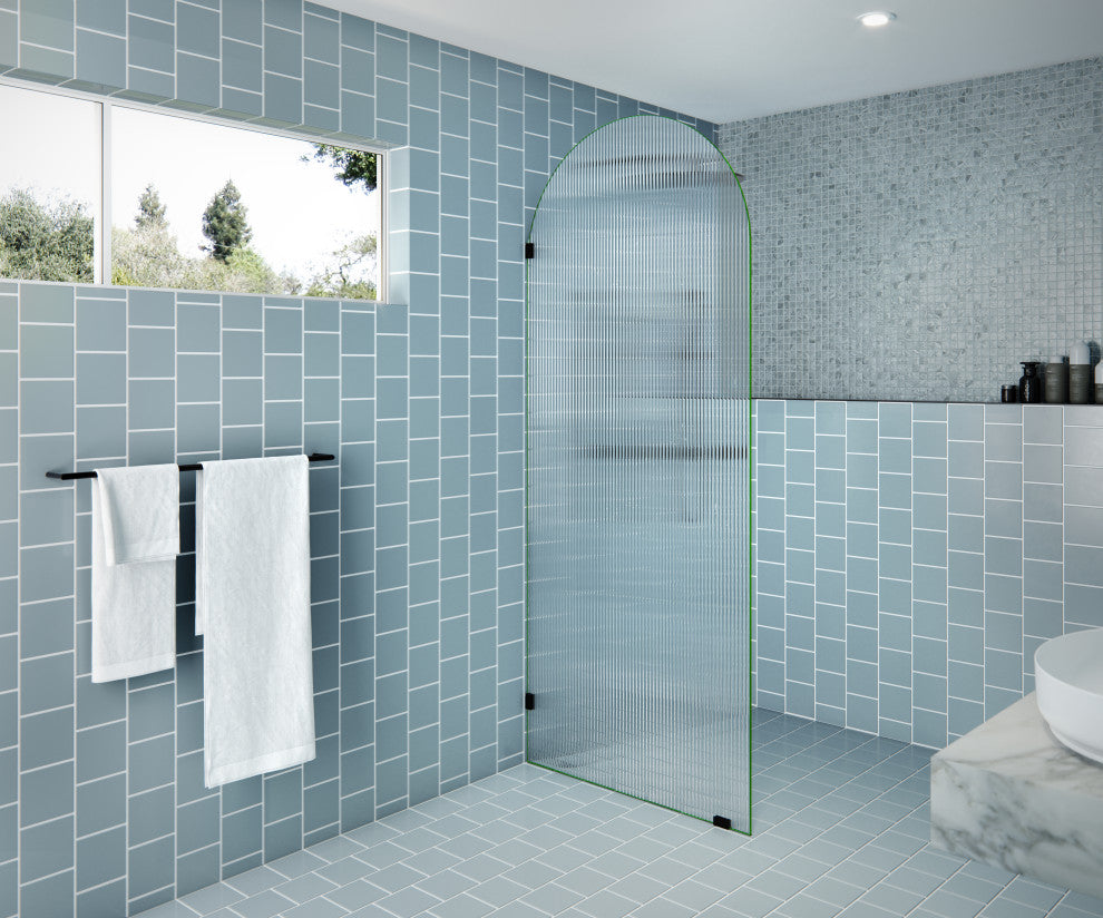 34"x86.75" Frameless Shower Door, Arched Fluted Single Fixed Panel, Oil Rubbed Bronze