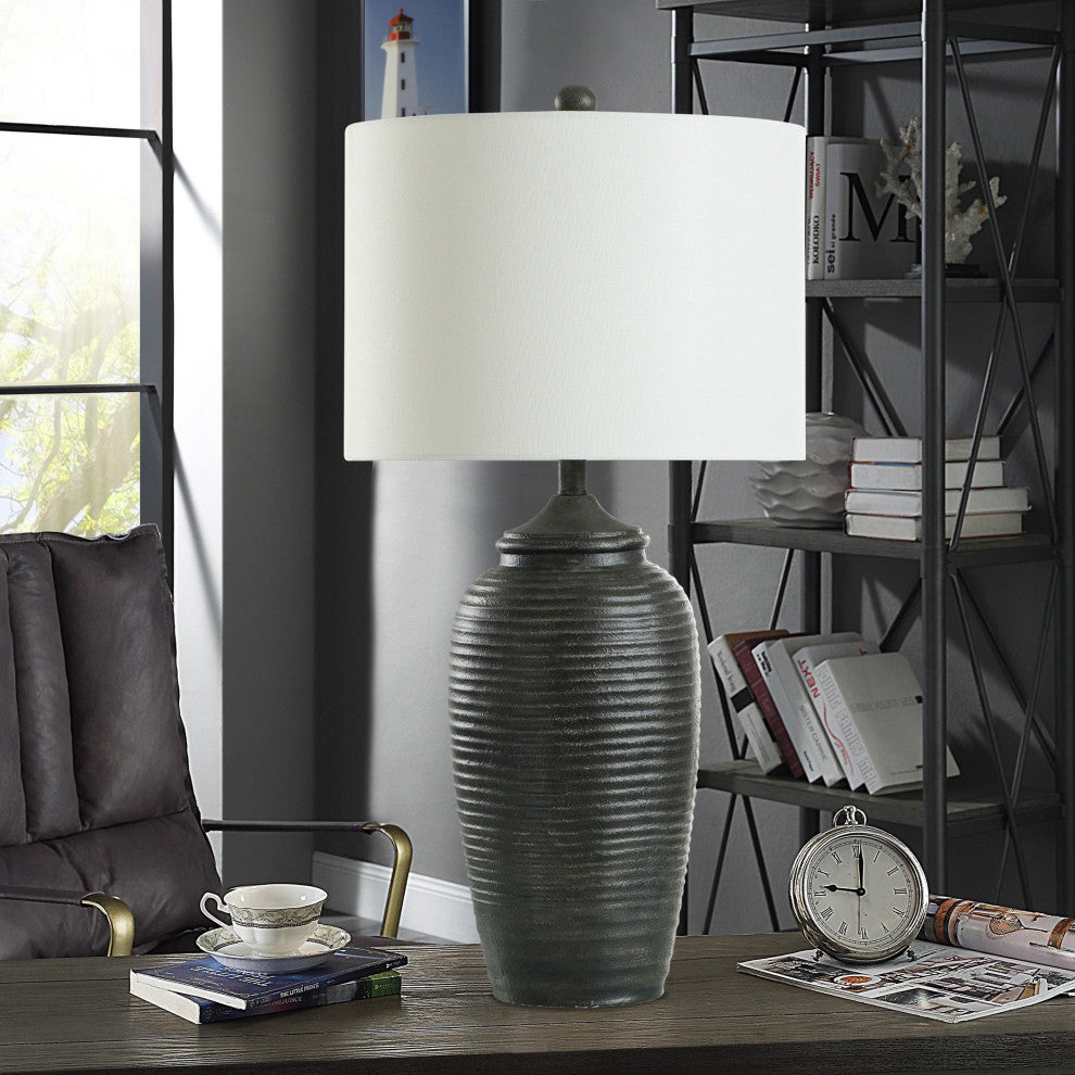 Charlotte Polyresin Table Lamp 32"H, Matte Black, Off-White Linen Hardback Shade