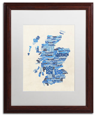 Michael Tompsett 'Scotland Text Map Blue' Matted Framed Art, White Mat, 20"x16"