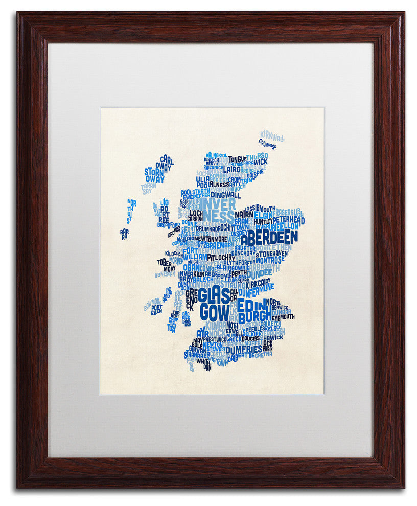 Michael Tompsett 'Scotland Text Map Blue' Matted Framed Art, White Mat, 20"x16"