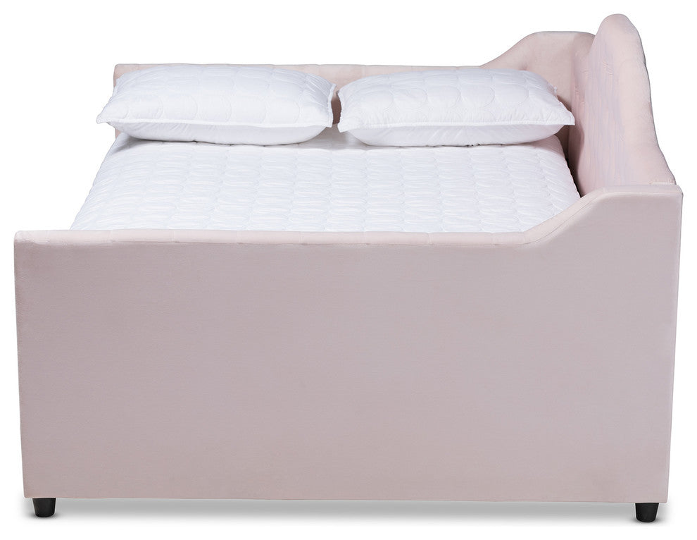 Luanna Light Pink Velvet Upholstered and Button Tufted Full Daybed With Trundle