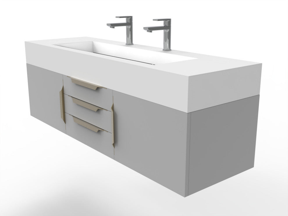 CastelloUSA Nile 60" Wall Mounted Vanity Set, Gray, White Top, Gold Handles